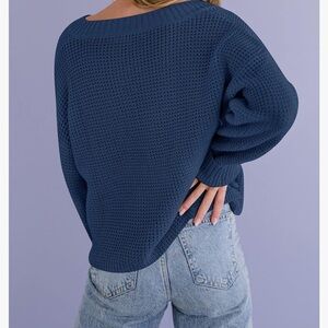 Women's Waffle Knit Cropped Top V Neck Long Sleeve Pullover Sweater BLUE